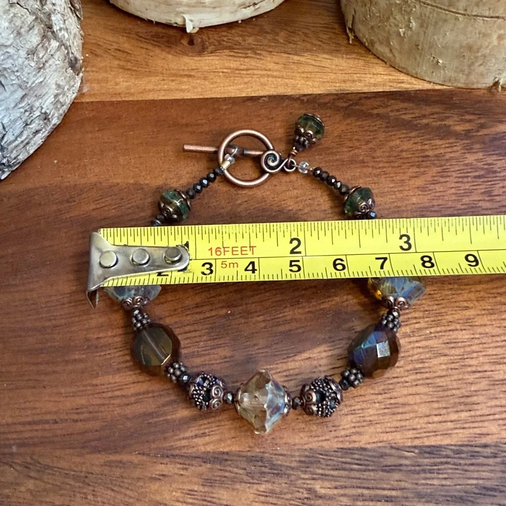 Vintage Glass Crystal Beaded Bracelet Boho Copper Toggle